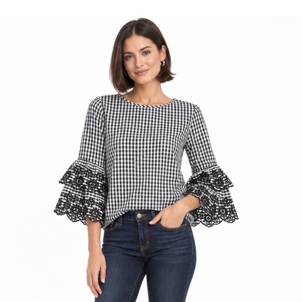 J.Crew Gingham Lace Bell Sleeve Blouse Black White Size 14 Embroidered Check